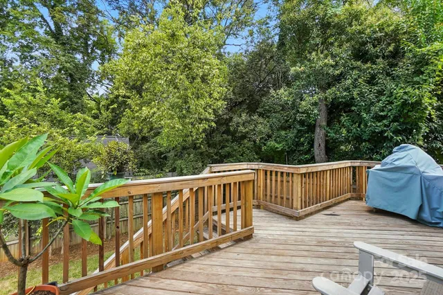 a view of a wooden deck and backyard
