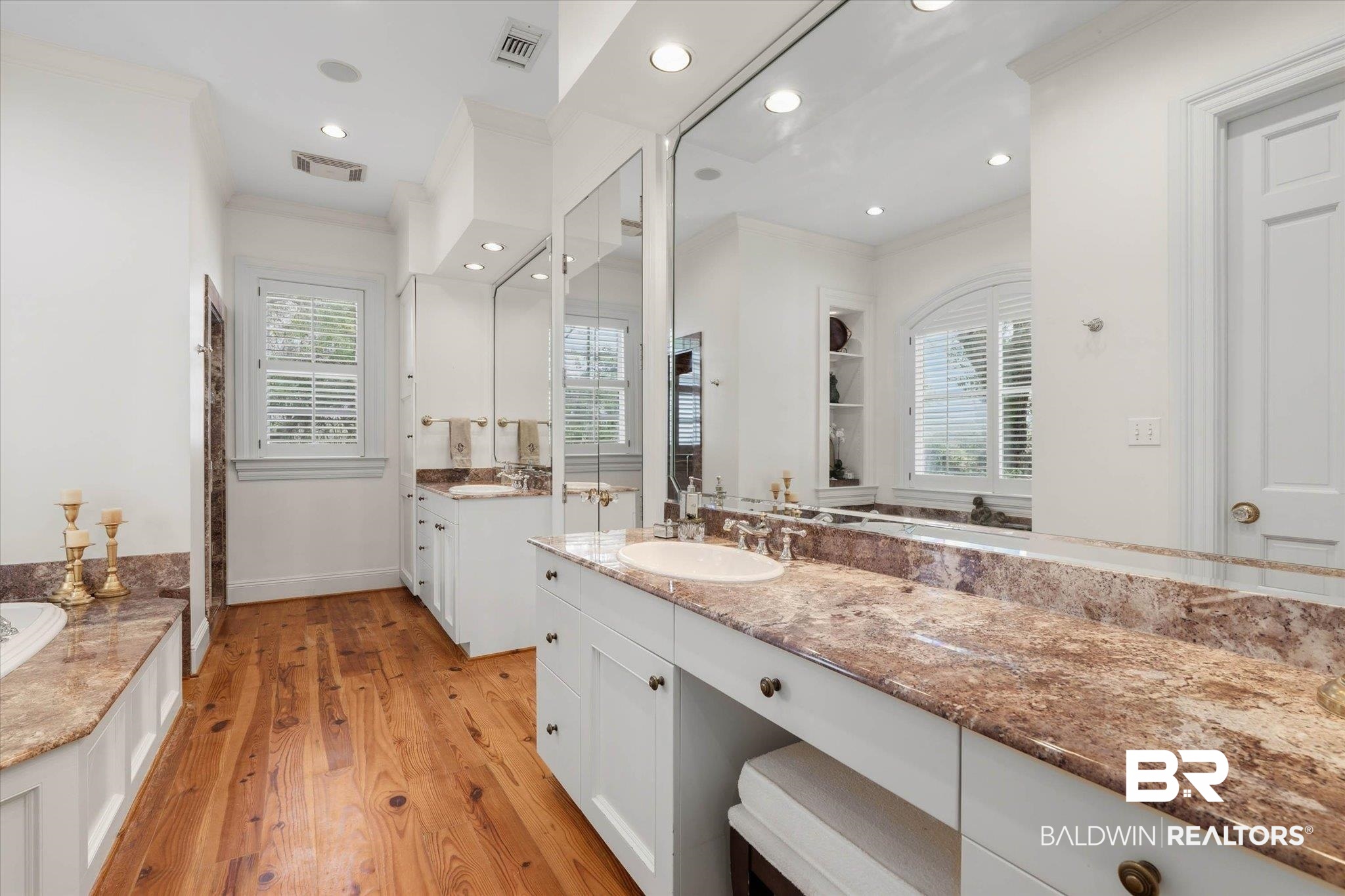 3500 Higgins Road Mobile, AL 36619 - Photo 21 of 54 Full bathroom with two vanities, crown molding, light wood-style flooring, and recessed lighting