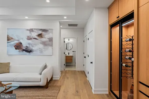 a view of dining room with wooden floor