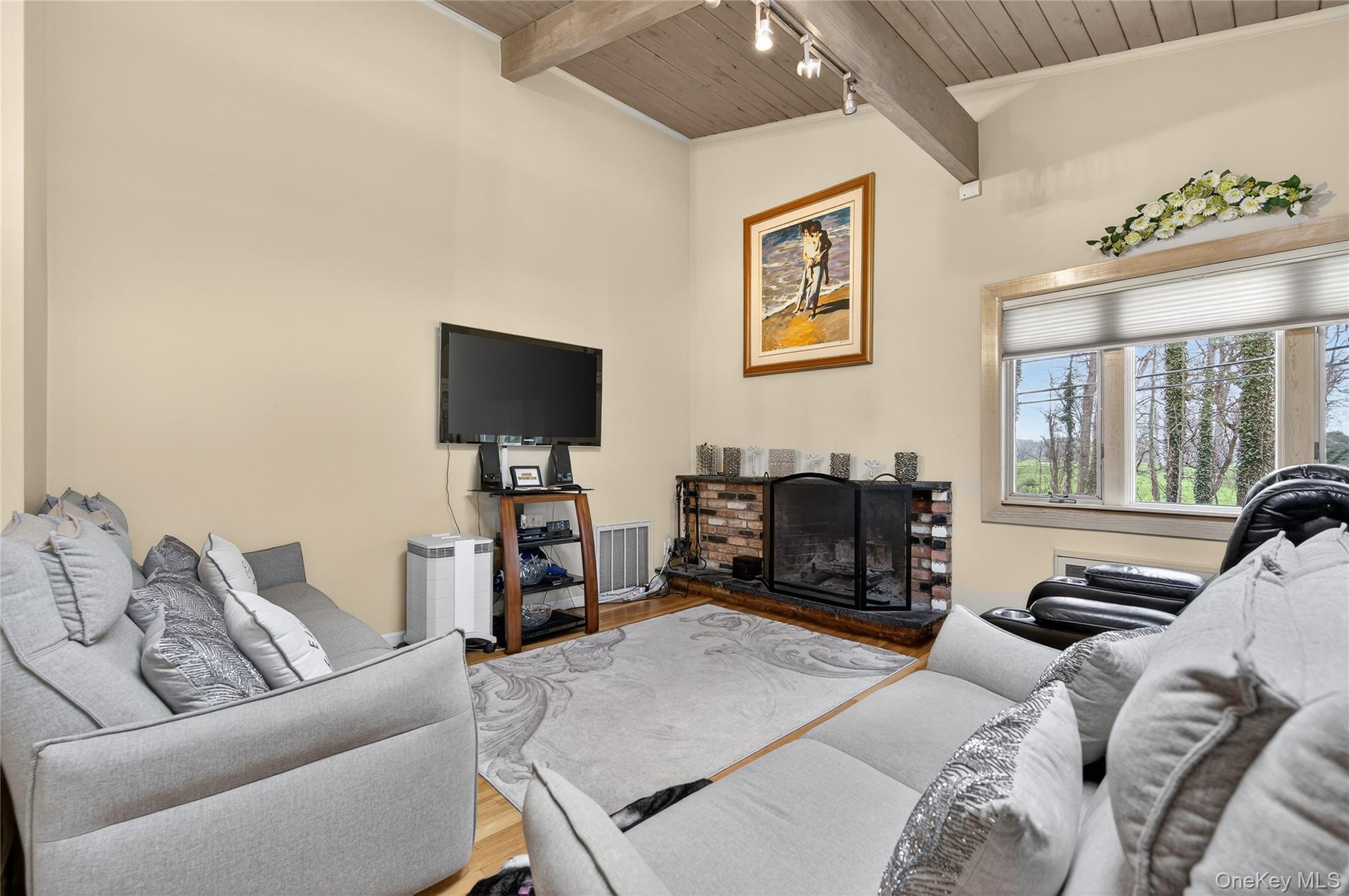 43 Highwood Road East Norwich, NY 11732 - Photo 5 of 32 a living room with furniture a flat screen tv and a floor to ceiling window