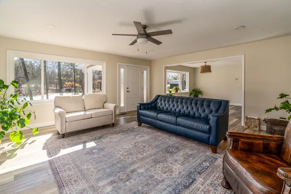 a view of a living room and a bath tub