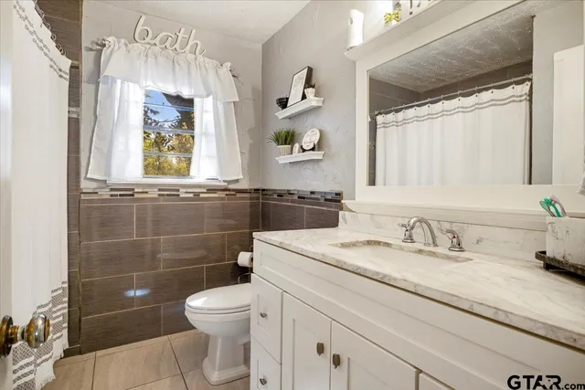 a bathroom with a granite countertop sink a toilet and a mirror