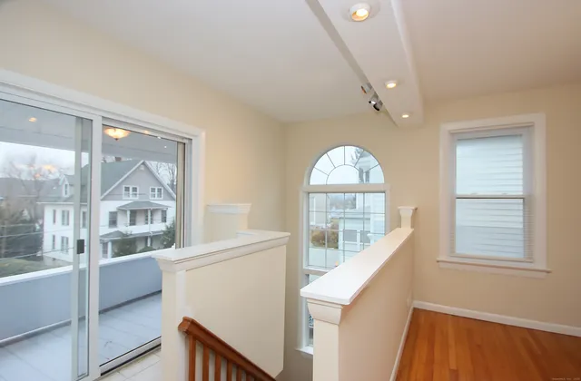 a view of a room with windows