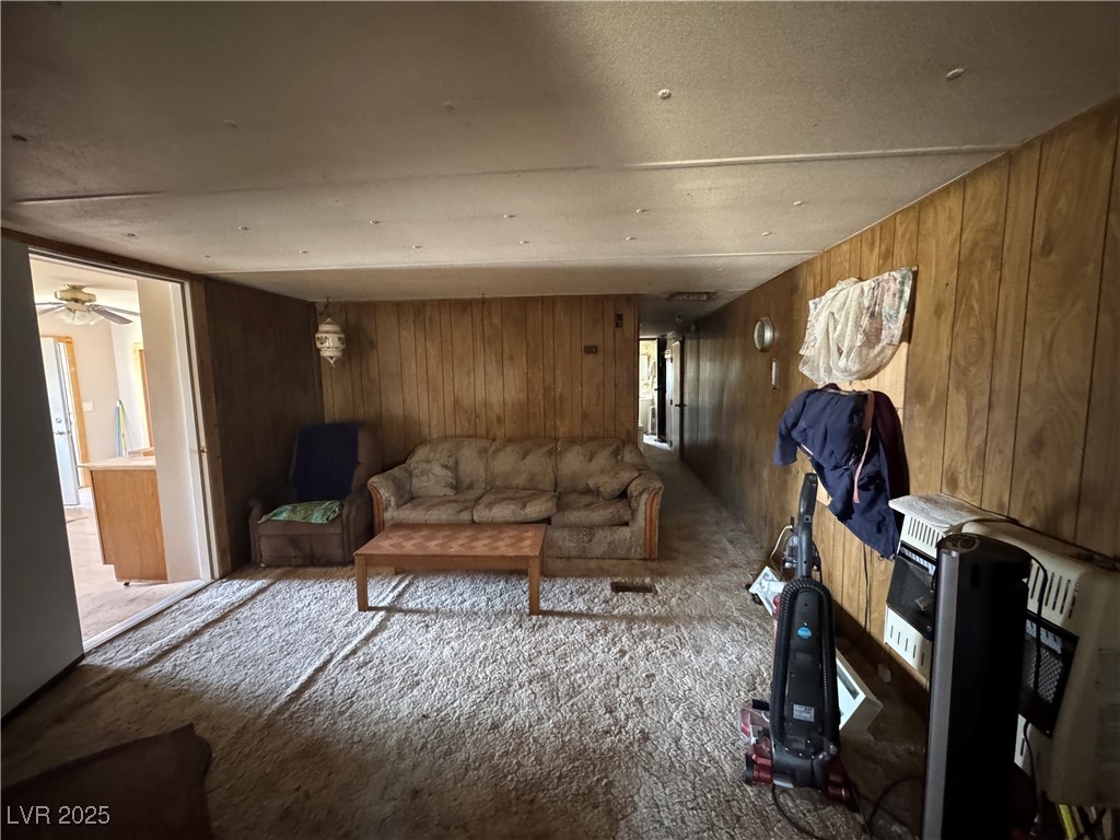 25 North Main Street Ely, NV 89301 - Photo 34 of 38 Living area featuring carpet floors, heating unit, and wood walls