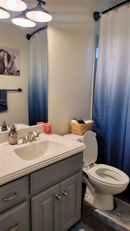 3164 Clater Powell Road Waco, TX 76705 - Photo 30 of 40 a bathroom with a sink a toilet and shower curtain