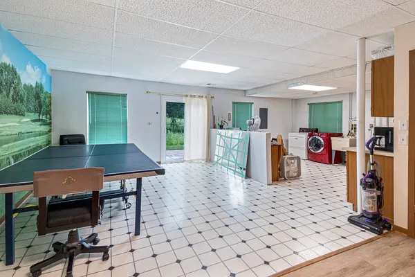 a view of a dining room with furniture