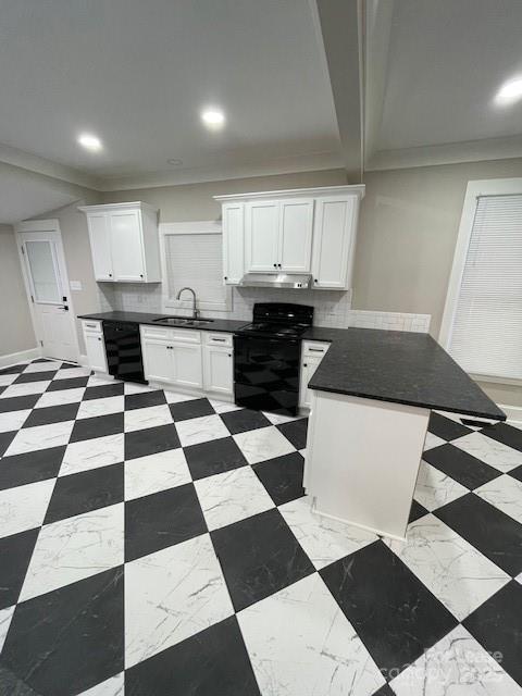 a kitchen with a black white checkered floor
