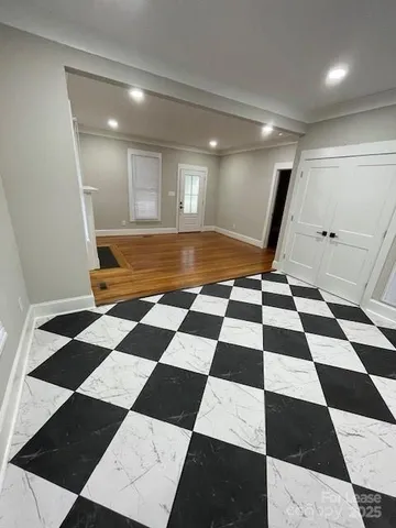 a view of a black and white checkered floor