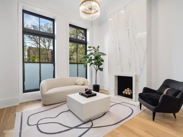 a living room with furniture a fireplace and a potted plant