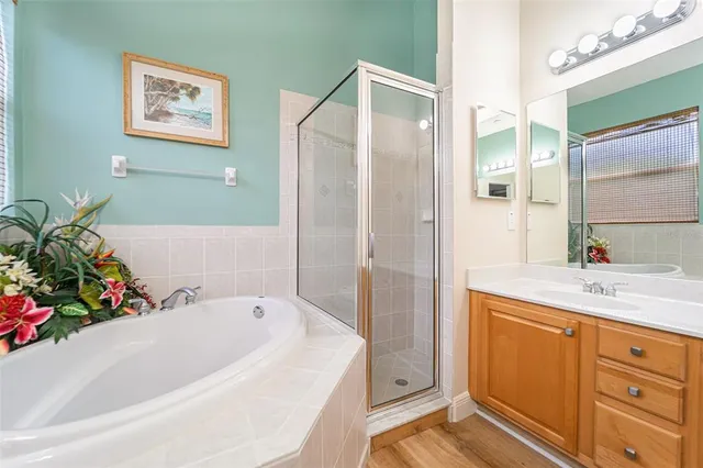 a bathroom with a tub sink and mirror