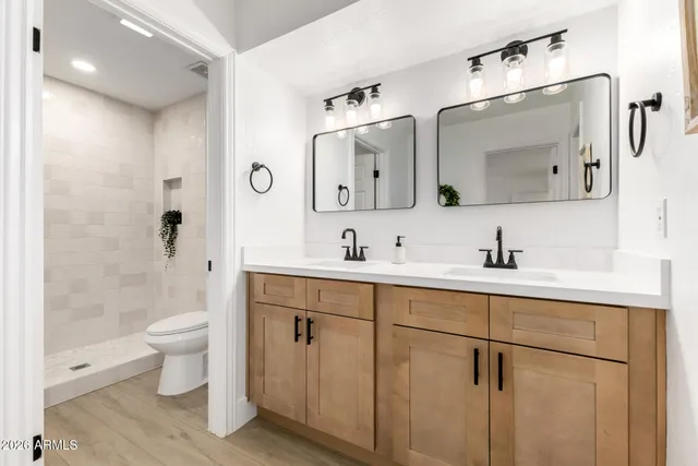 a bathroom with a toilet sink and mirror