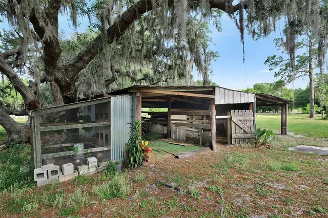 a view of a chairs and table in a backyard