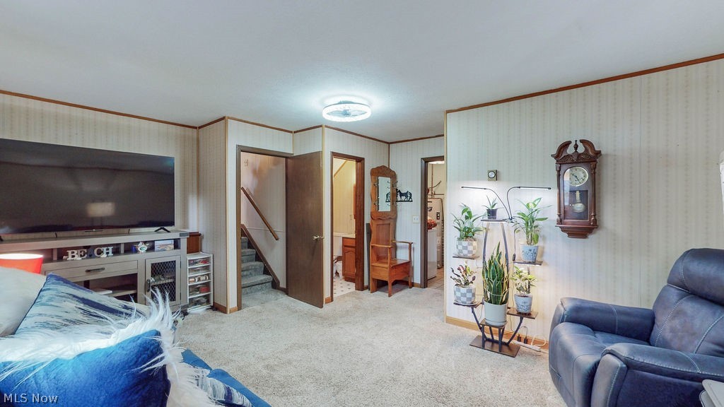 38667 Chestnut Ridge Road Elyria, OH 44035 - Photo 21 of 35 Carpeted living area featuring light-toned wallpaper with wood trim accents
