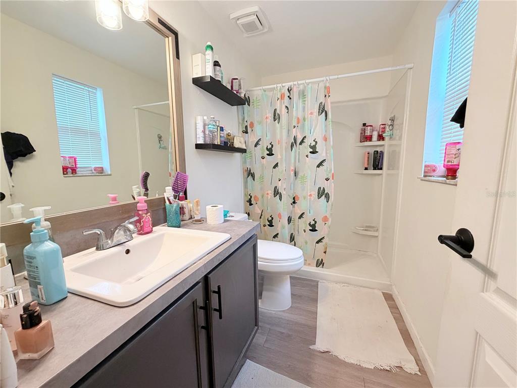 5634 Tanagerlake Road Lithia, FL 33547 - Photo 32 of 46 a bathroom with a sink a toilet and shower curtain