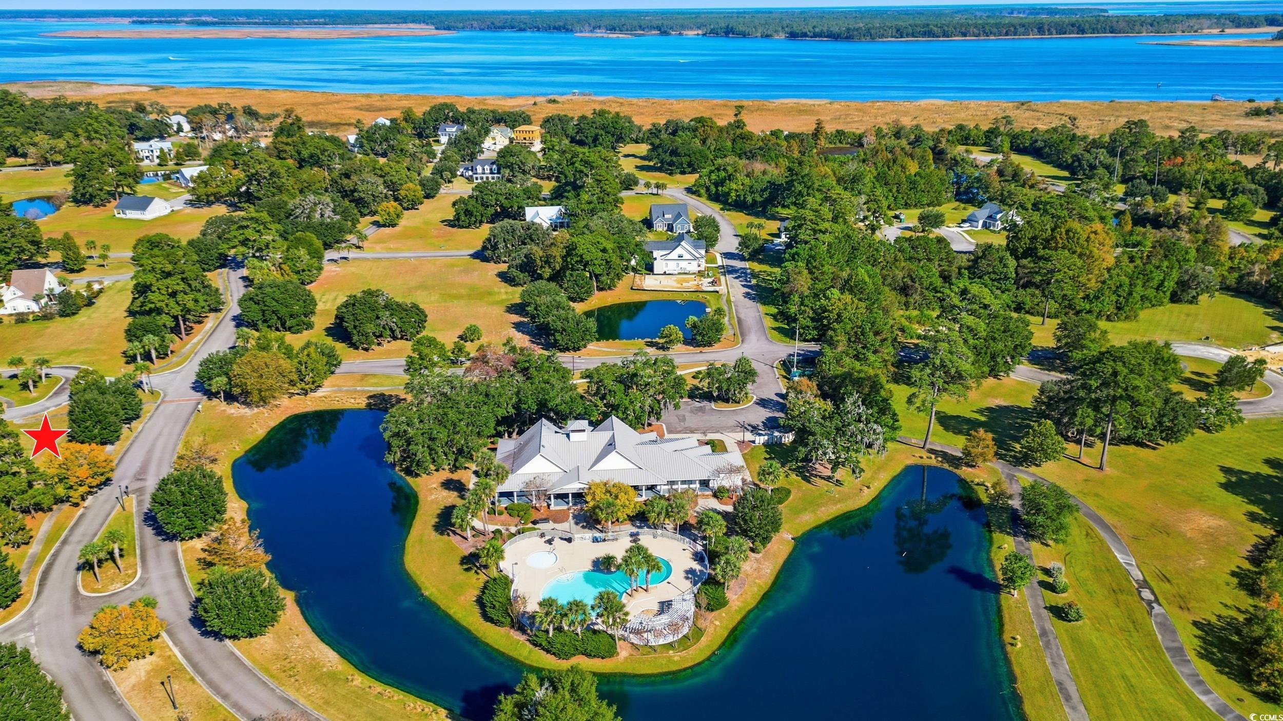 Bird's eye view of a nearby body of water