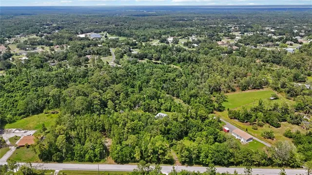 an aerial view of residential houses with outdoor space and trees