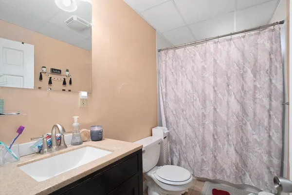 a bathroom with a sink a toilet and shower curtain