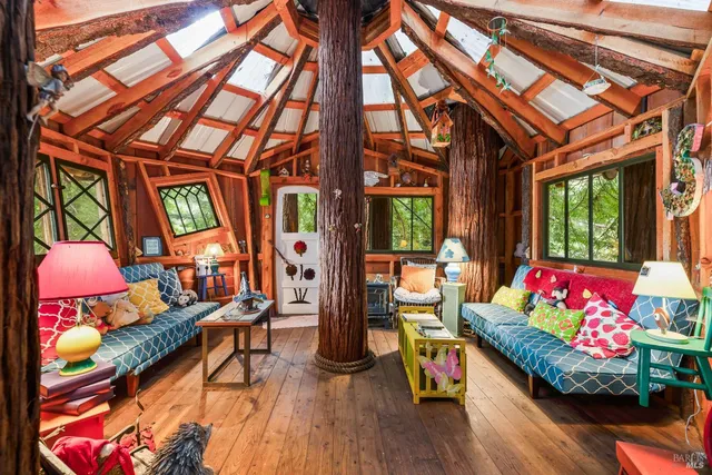 an aerial view of a house with a yard and trees all around