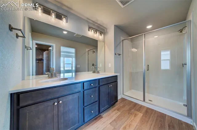 a bathroom with a shower sink and mirror