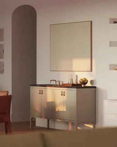 a view of a living room with a table and a chair