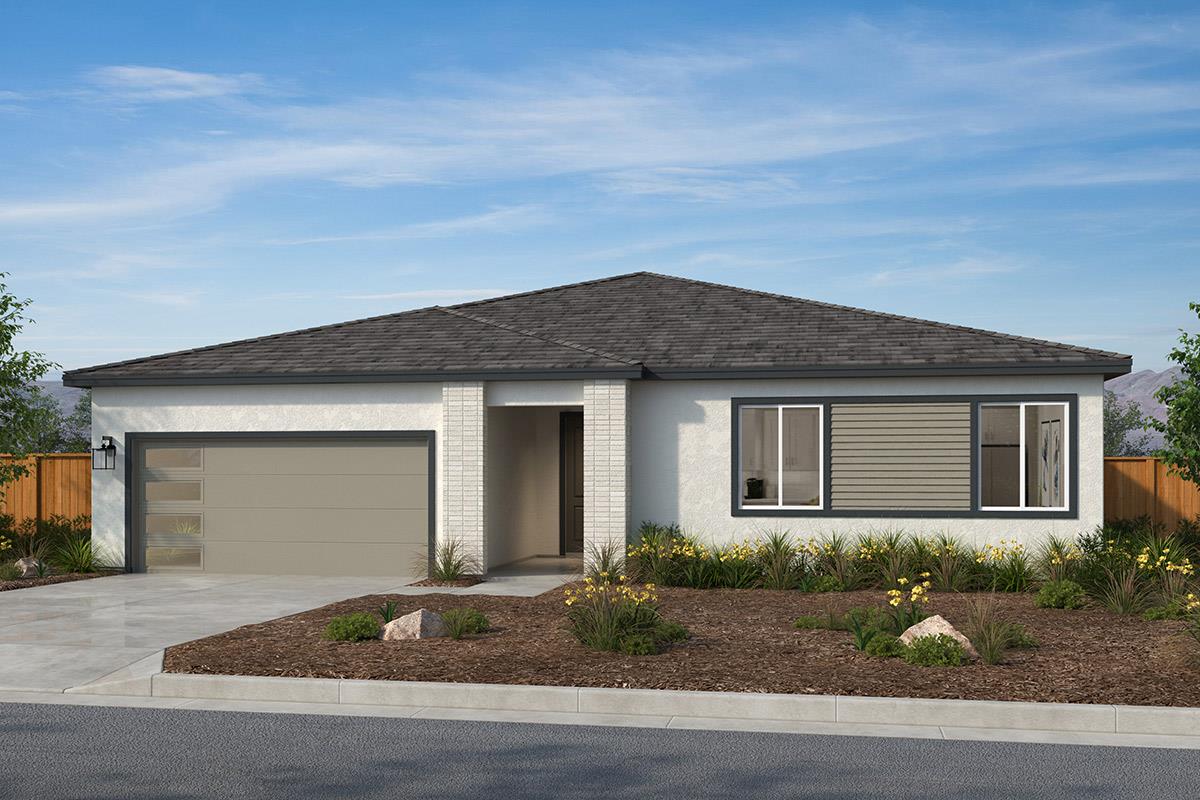 a front view of house with garage and yard