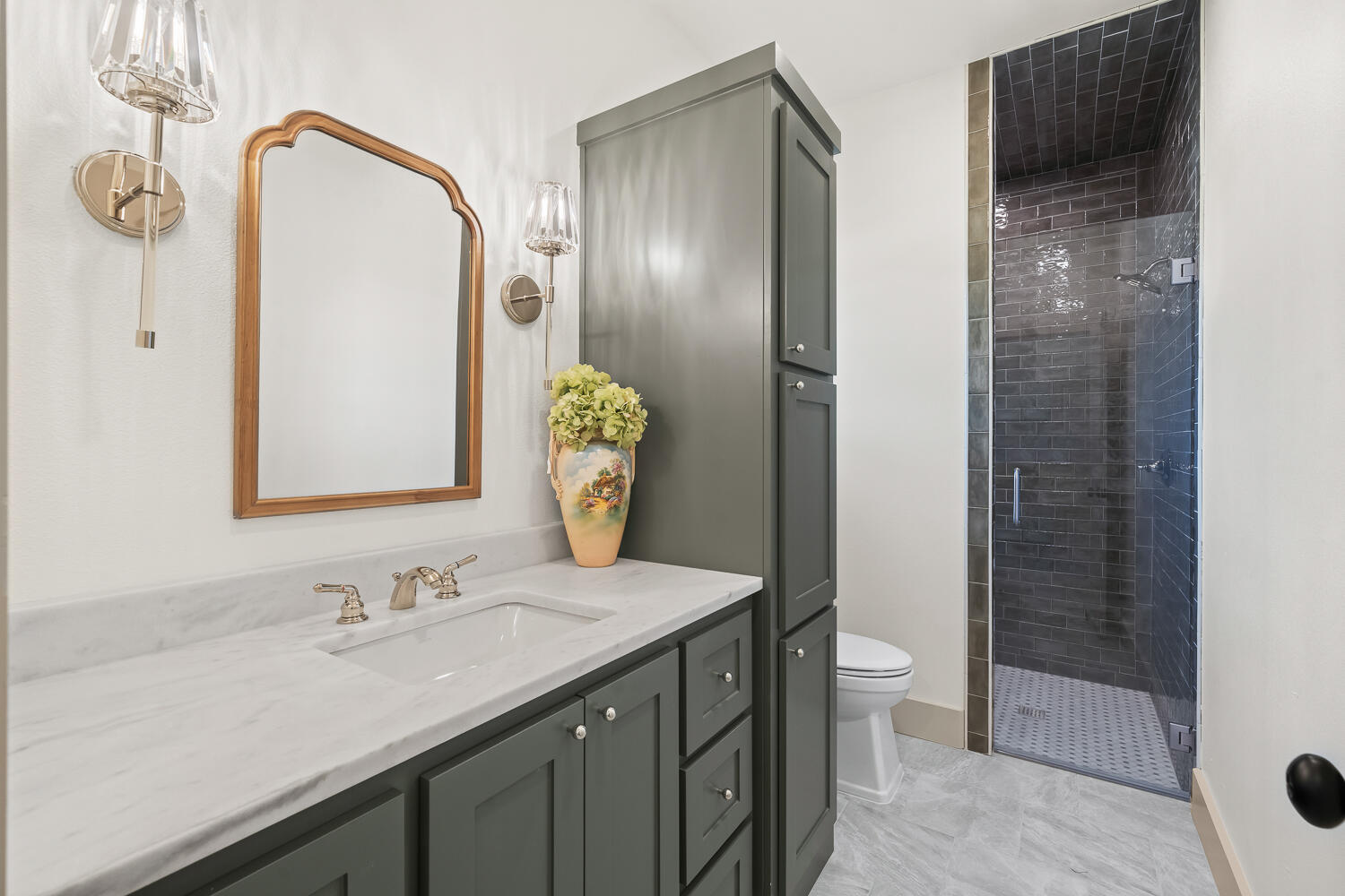 3911 149th Street Lubbock, TX 79423 - Photo 50 of 79 a bathroom with a granite countertop sink and a mirror