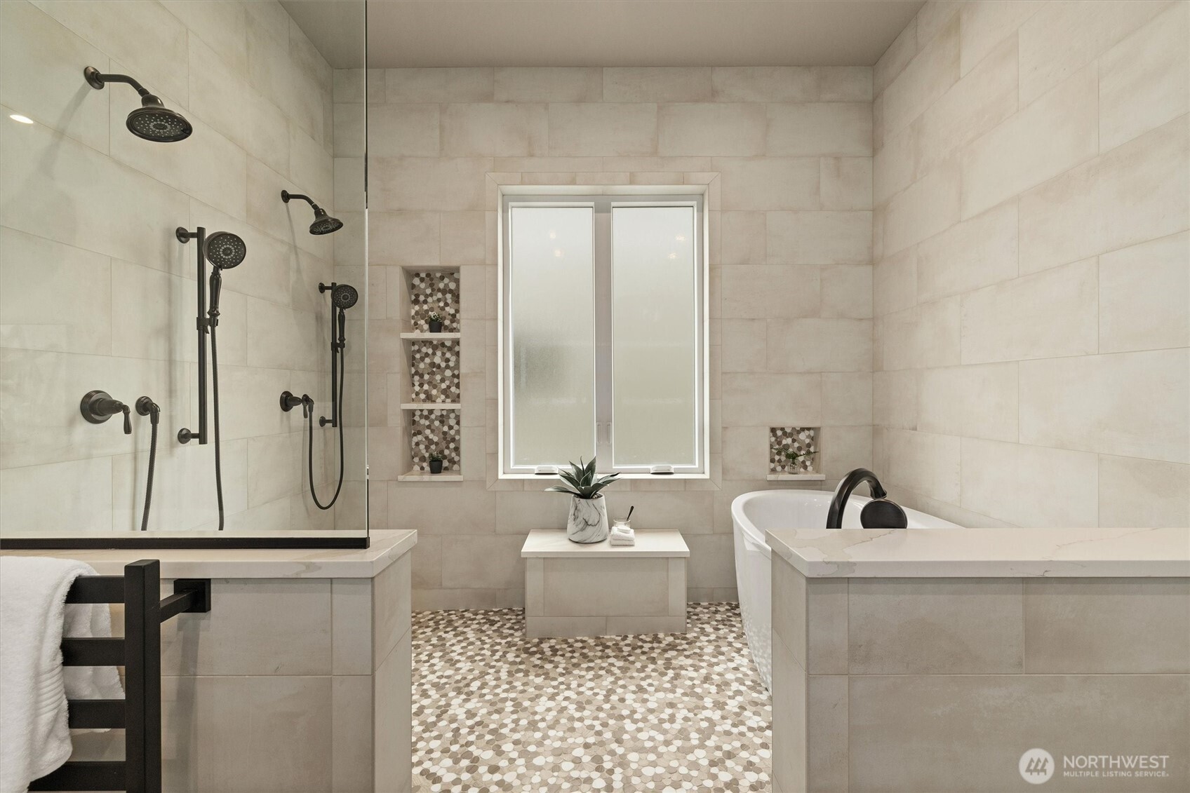 151 East Windy Ridge Lane Belfair, WA 98528 - Photo 21 of 40 a bathroom with a bathtub a sink a window and a shower