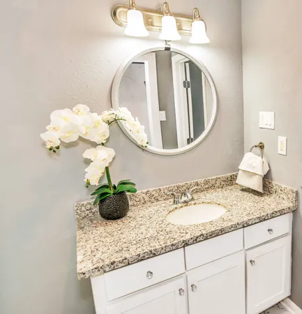 a bathroom with a sink a vanity and mirror