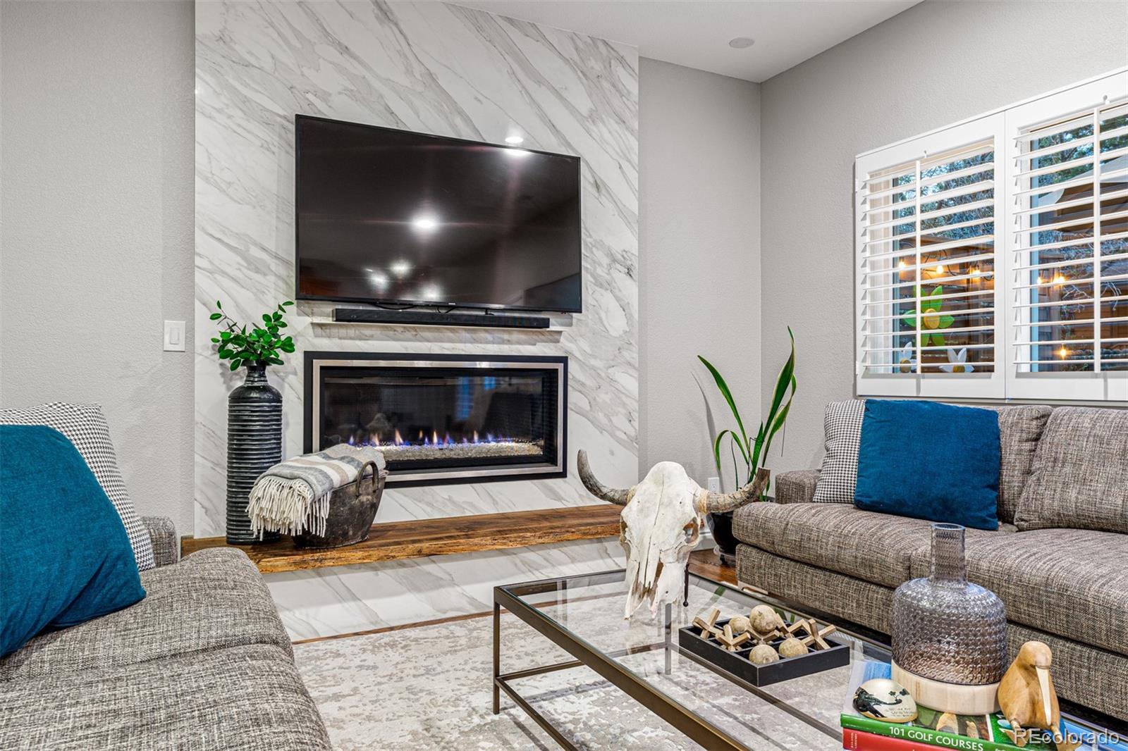 7340 Rattlesnake Drive Lone Tree, CO 80124 - Photo 13 of 33 a living room with furniture a flat screen tv and a fireplace
