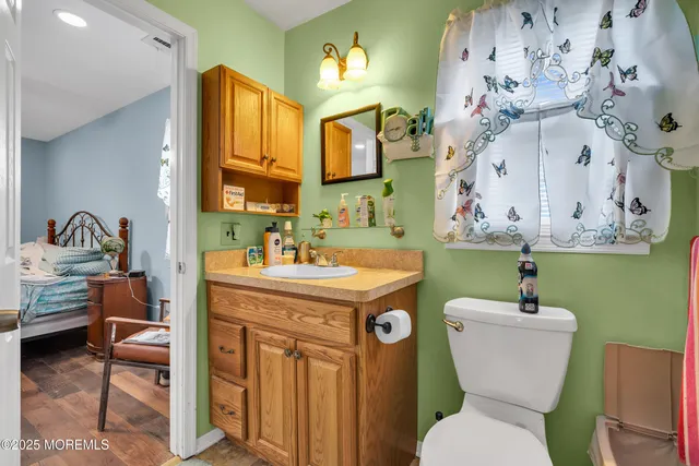 a bathroom with a sink a mirror and a toilet