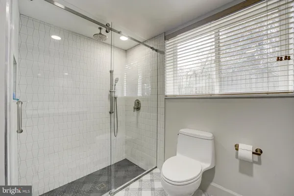 a bathroom with a toilet a sink a shower and a window