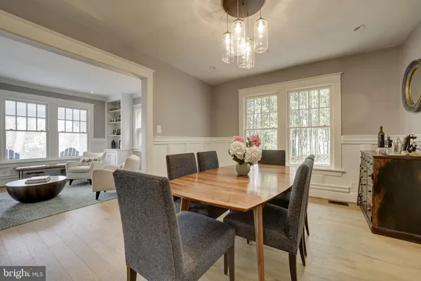 a view of a dining room with furniture window and wooden floor