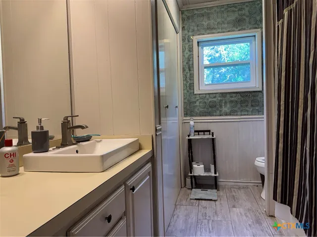 a bathroom with a sink a toilet and a mirror