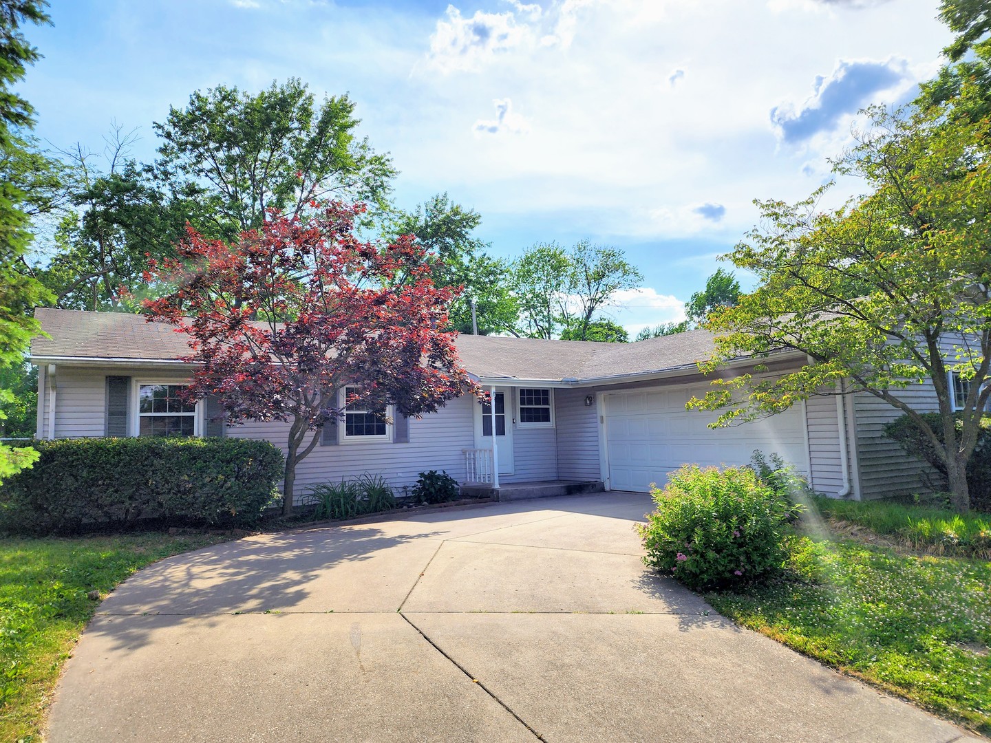 a front view of a house with a yard and potted plants