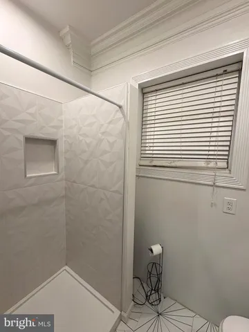 a bathroom with a shower and a window