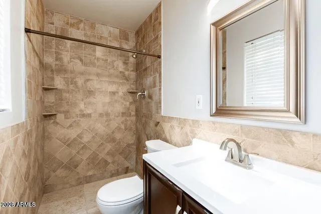 a bathroom with a sink toilet vanity and shower