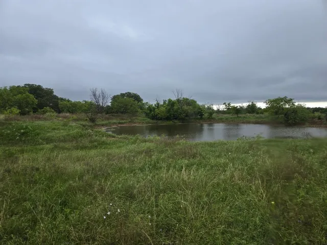 a view of a lake with houses in the back