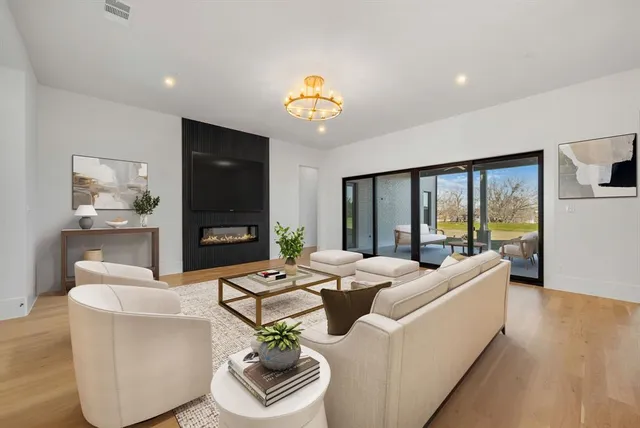 a living room with fireplace furniture and a flat screen tv
