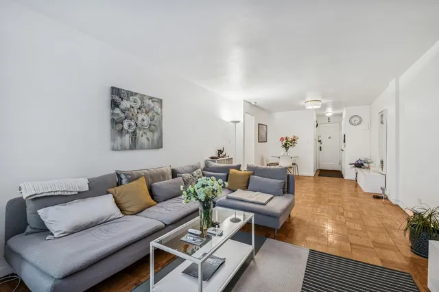 a living room with furniture and a rug