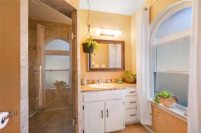 a bathroom with a sink mirror and a shower