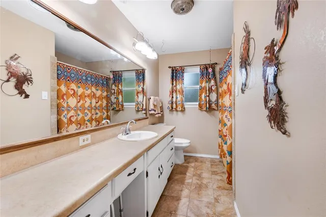 a bathroom with a sink a mirror and a shower curtain