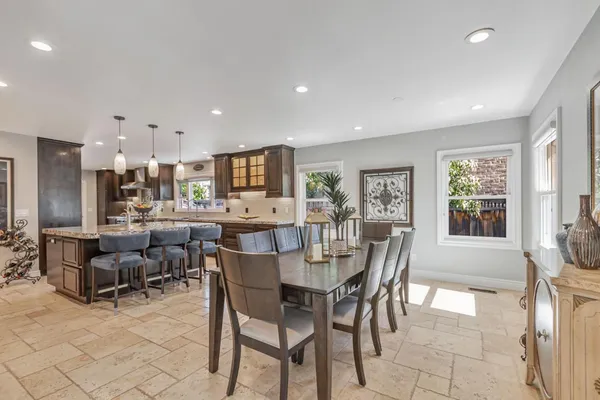 a view of a dining room with furniture