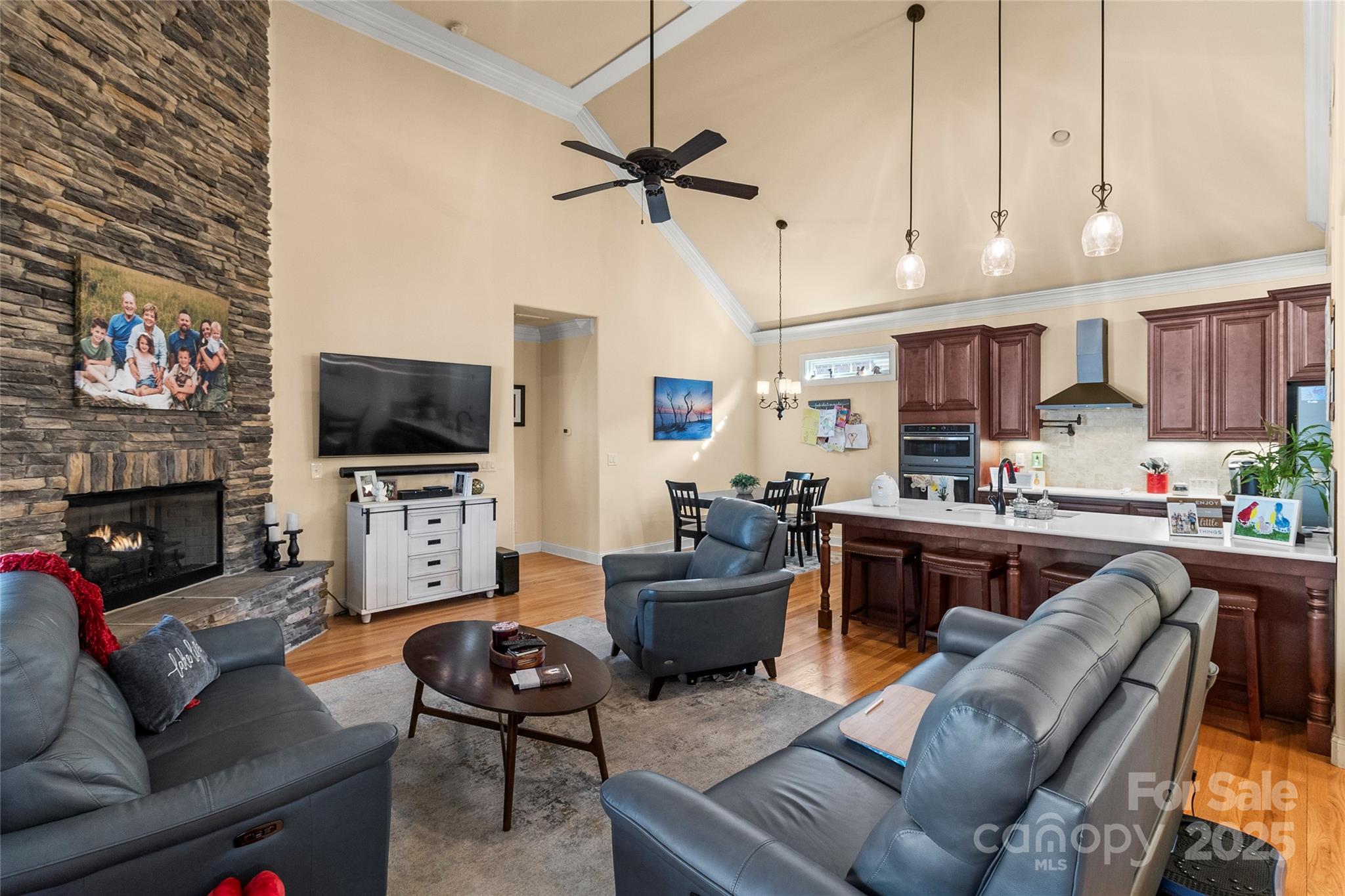 6197 Gold Springs Way Denver, NC 28037 - Photo 13 of 47 a living room with furniture a flat screen tv and kitchen view