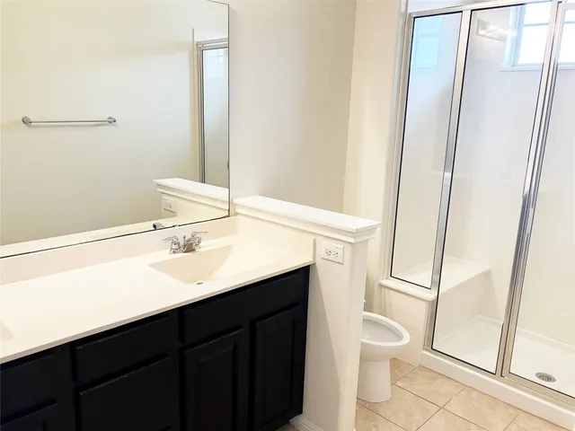 a bathroom with a sink a toilet a mirror and shower