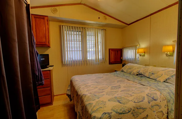 a bedroom with a bed and cabinets