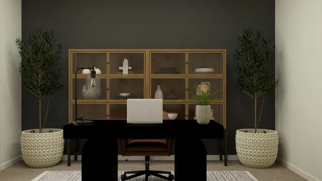 a living room with a couch and a potted plant