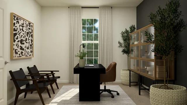a view of a workspace with furniture and a potted plant