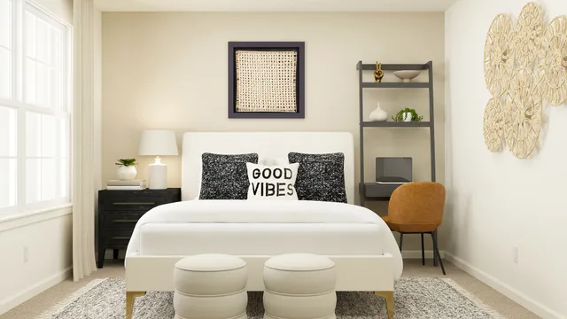 a bedroom with a bed and a chair with the wooden floor