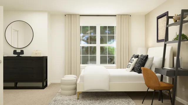 a bedroom with a bed a mirror and a window