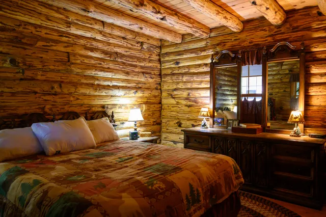 a bedroom with a bed and a chandelier